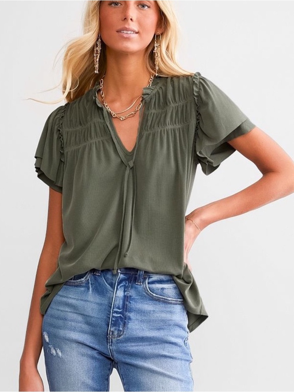 Olive Green Women's Ruffle Sleeve Tie-Neck Top